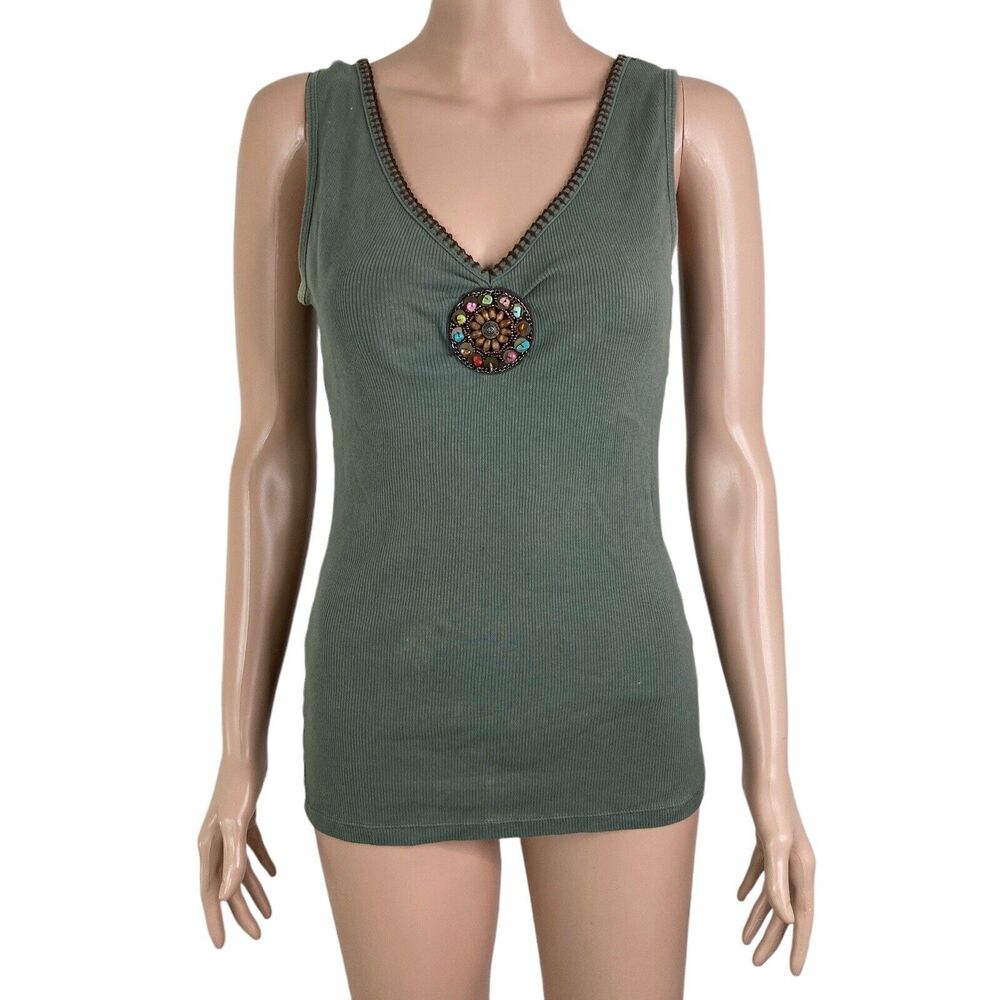 Avenue of the Stars tank top womens Large Green Ribbed Beaded